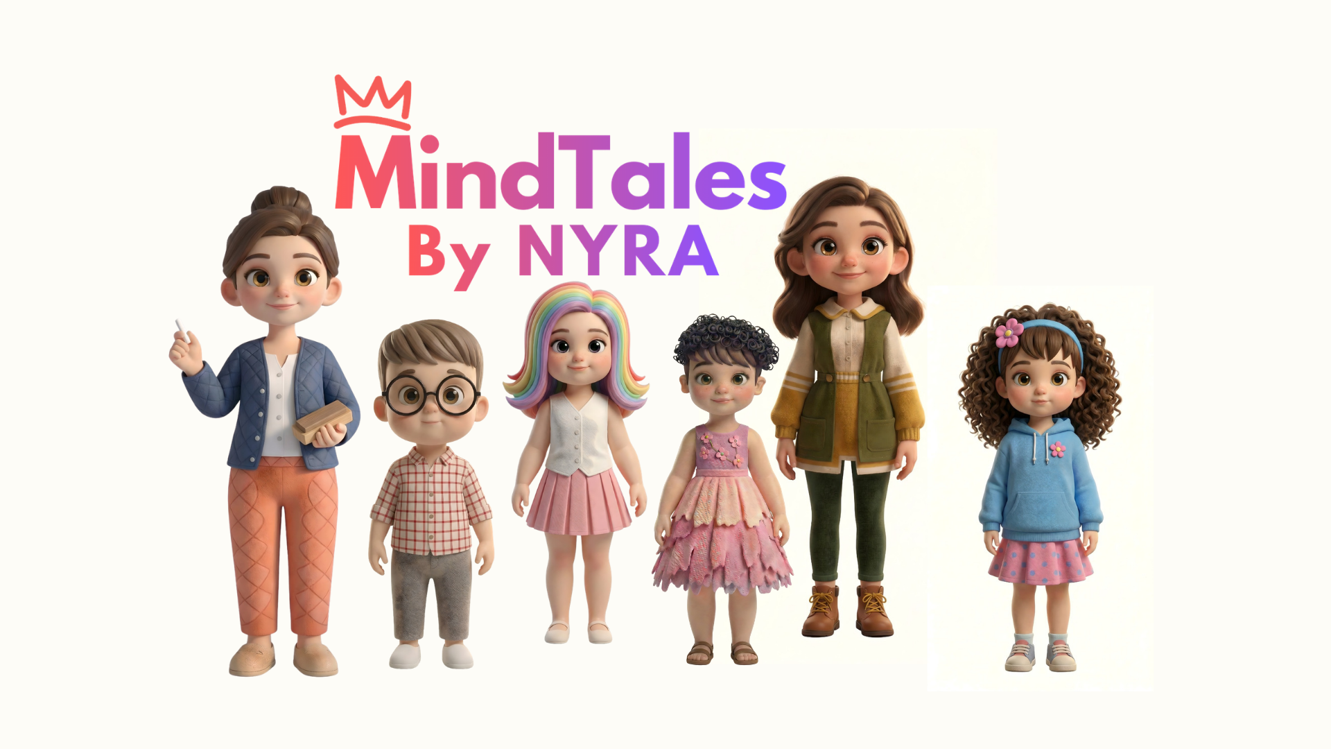 Nyra, Teacher Beth, Sam, Anaya, Niki and Kai — the MindTales cast